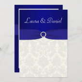 PRINTED RIBBON Blue, Ivory Damask Wedding Invite (Front/Back)