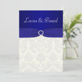 PRINTED RIBBON Blue, Ivory Damask Wedding Invite (Standing Front)