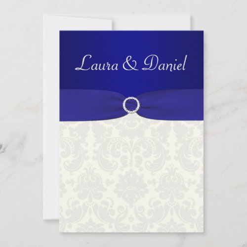 PRINTED RIBBON Blue, Ivory Damask Wedding Invite