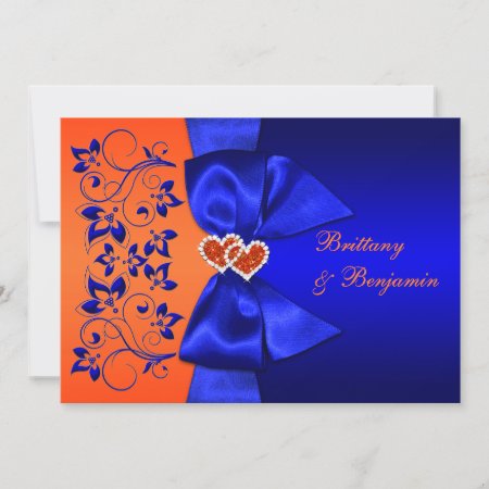 Printed Ribbon Blue, Orange Floral Wedding Invite