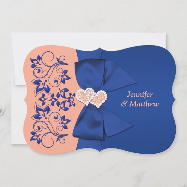 PRINTED RIBBON Blue, Peach Floral Wedding Invite (Front)