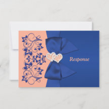 PRINTED RIBBON Blue Peach Floral Wedding RSVP Card