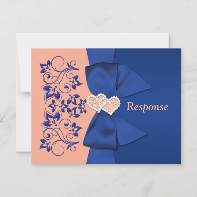 PRINTED RIBBON Blue Peach Floral Wedding RSVP Card (Front)