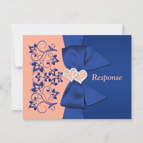 PRINTED RIBBON Blue Peach Floral Wedding RSVP Card