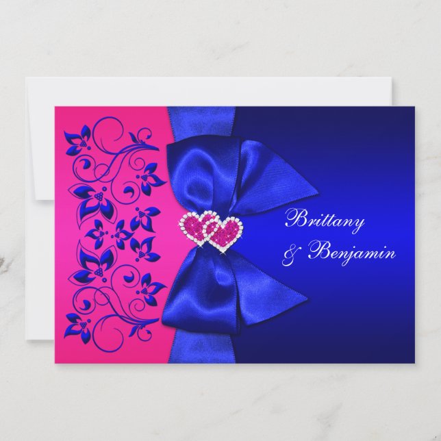 PRINTED RIBBON Blue, Pink Floral Wedding Invite (Front)