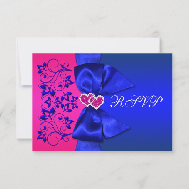 PRINTED RIBBON Blue, Pink Floral Wedding RSVP Card (Front)
