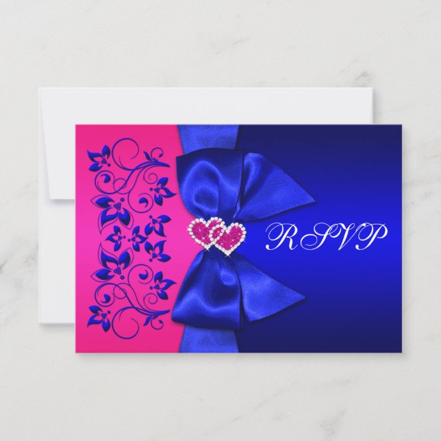 PRINTED RIBBON Blue, Pink Floral Wedding RSVP Invitation (Front)