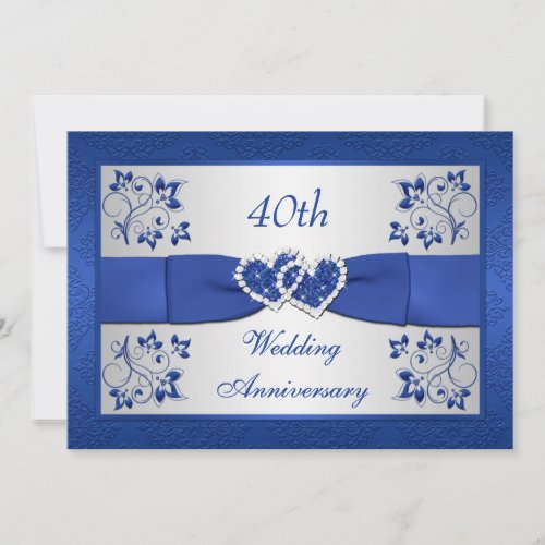 PRINTED RIBBON Blue Silver Floral 40th Anniversary Invites