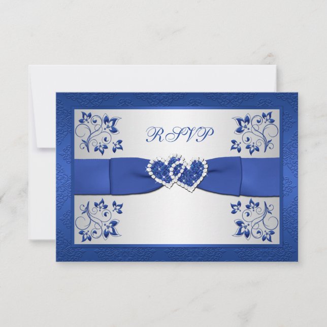 PRINTED RIBBON Blue, Silver Floral Reply Card (Front)