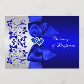 Printed Ribbon Blue  Silver Floral Wedding Invite by NiteOwlStudio at Zazzle