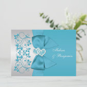 PRINTED RIBBON Blue, Silver Floral Wedding Invite (Standing Front)
