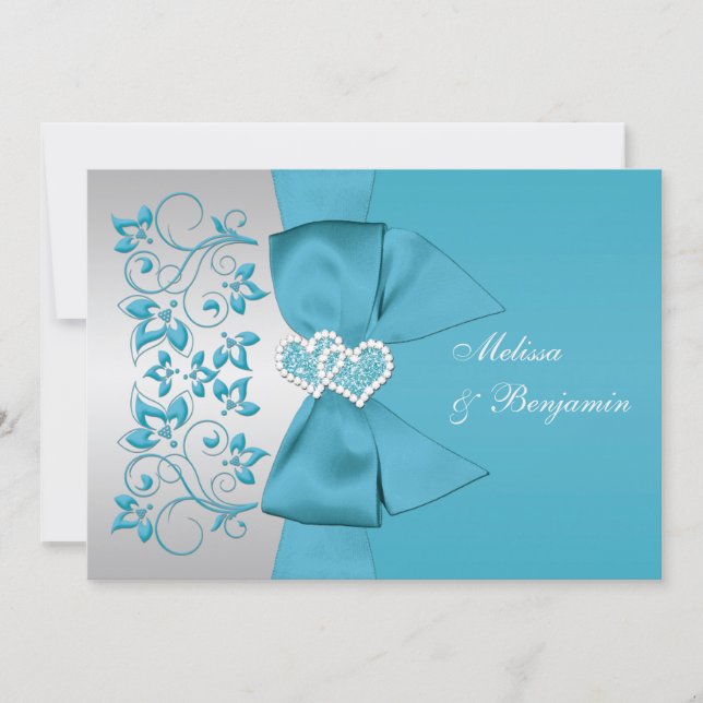 PRINTED RIBBON Blue, Silver Floral Wedding Invite (Front)