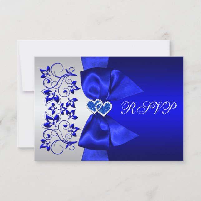 PRINTED RIBBON Blue, Silver Floral Wedding RSVP (Front)