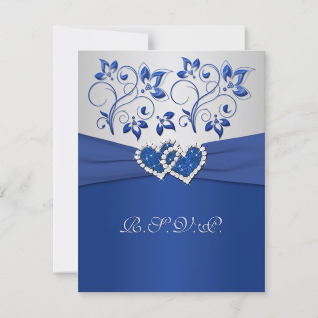 PRINTED RIBBON Blue Silver Joined Hearts RSVP Card (Front)