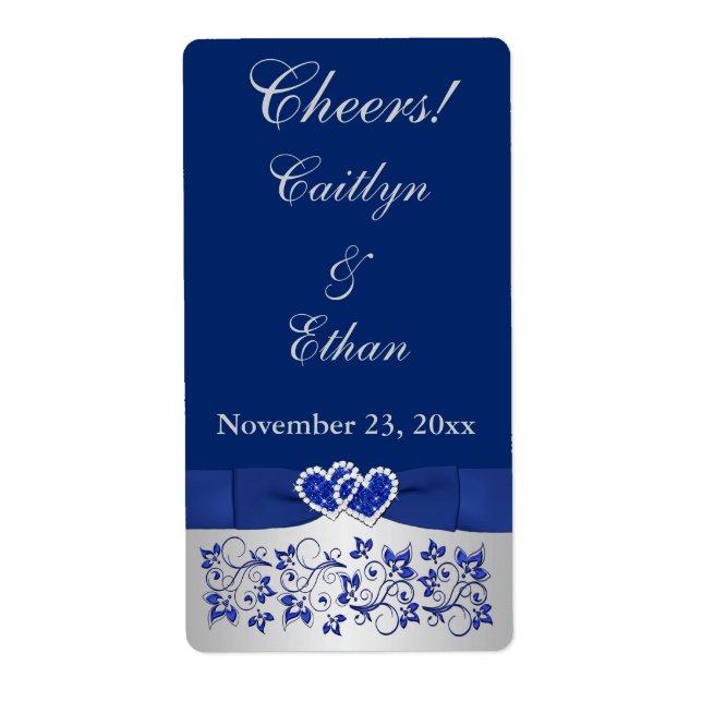 PRINTED RIBBON Blue, Silver Wedding Wine Label (Front)