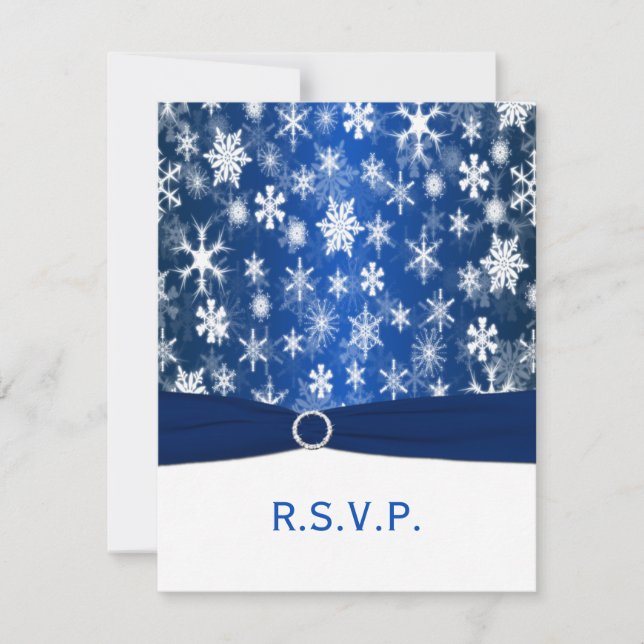 PRINTED RIBBON Blue, White Snowflakes RSVP Card (Front)