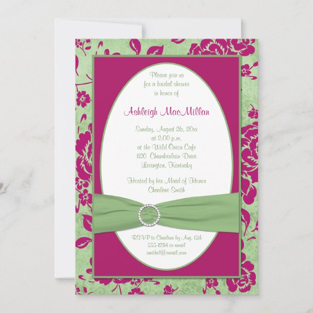 PRINTED RIBBON Burgundy Green Floral Bridal Shower Invitation (Front)
