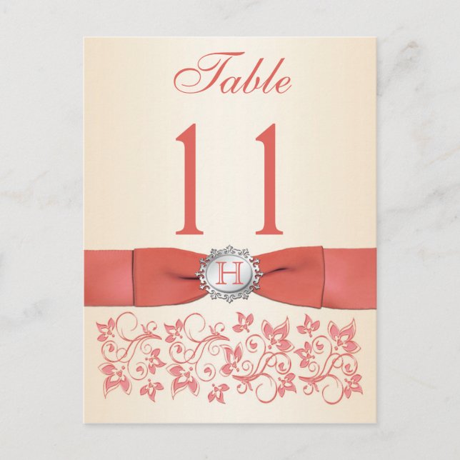 PRINTED RIBBON Coral, Champagne Table Number (Front)
