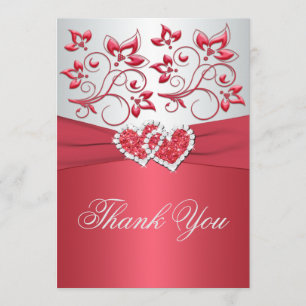 PRINTED RIBBON Coral Pink, Gray Thank You Card