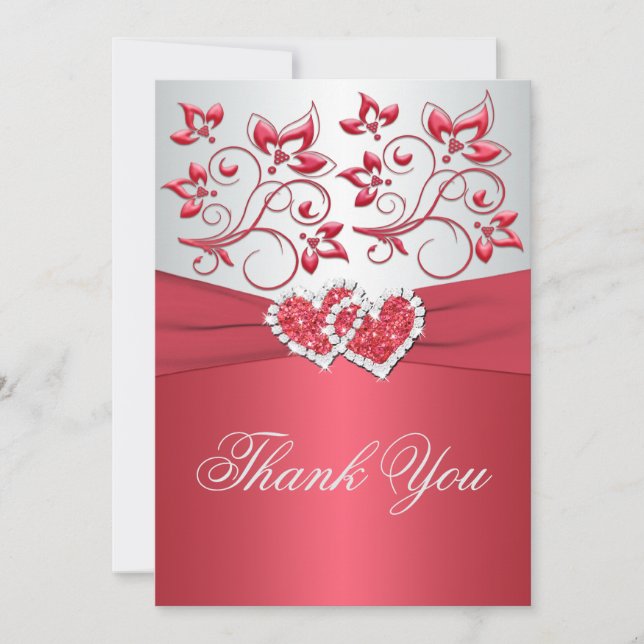 PRINTED RIBBON Coral Pink, Gray Thank You Card (Front)