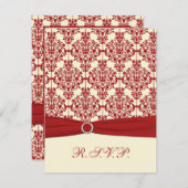 PRINTED RIBBON Cream, Red Damask Reply Card (Front/Back)