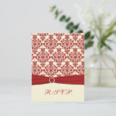 PRINTED RIBBON Cream, Red Damask Reply Card (Standing Front)