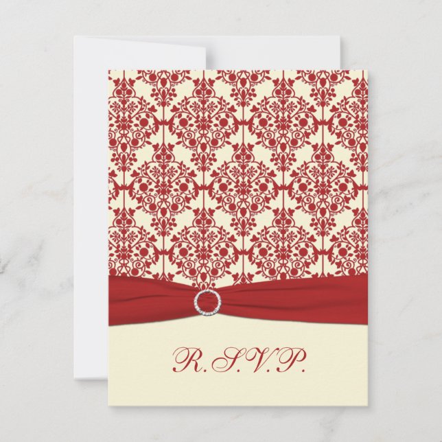 PRINTED RIBBON Cream, Red Damask Reply Card (Front)