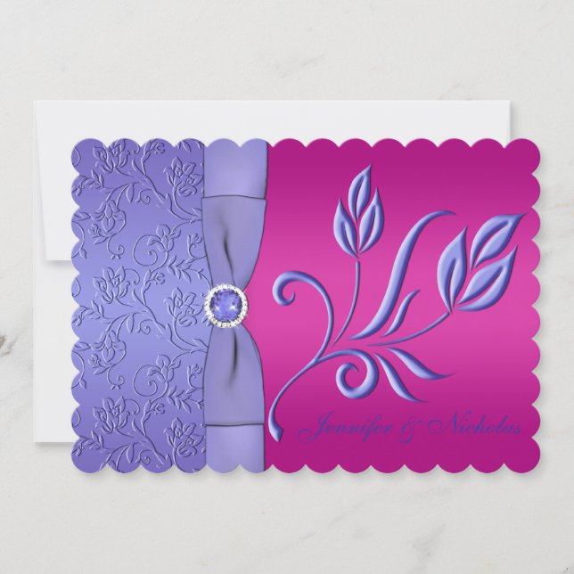 PRINTED RIBBON Fuchsia, Periwinkle Floral Wedding Invitation (Front)