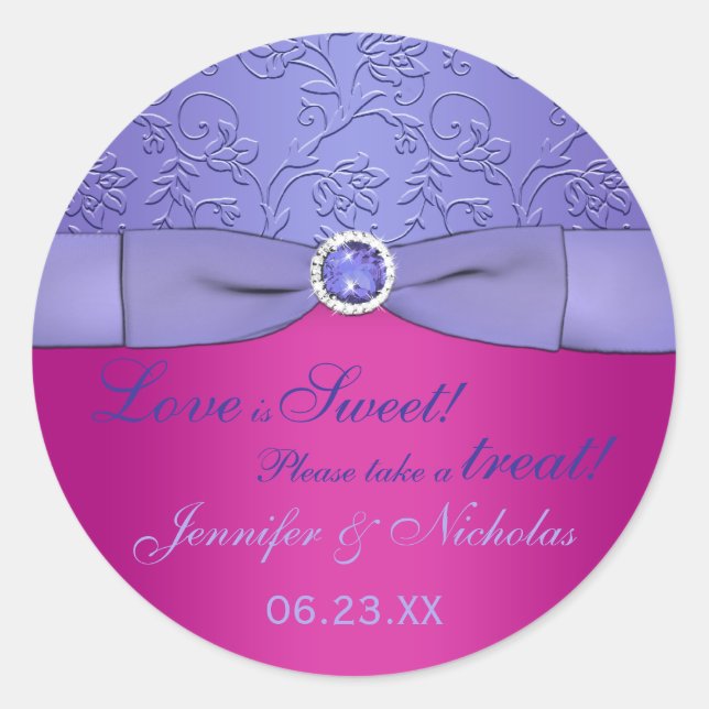 PRINTED RIBBON Fuchsia, Purple Floral Candy Buffet Classic Round Sticker (Front)