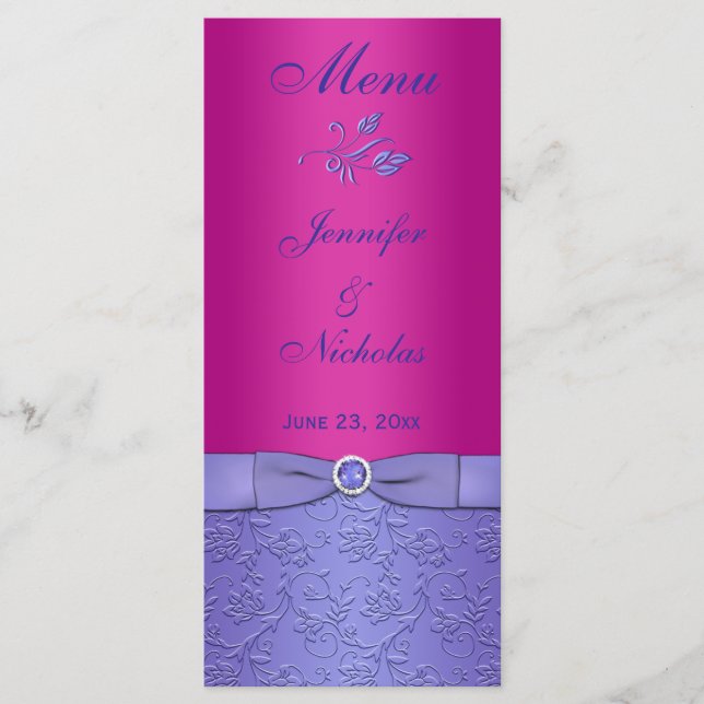 PRINTED RIBBON Fuchsia, Purple Wedding Menu Card (Front)