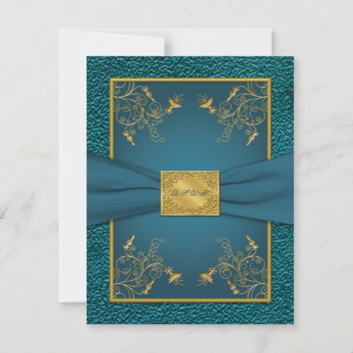 PRINTED RIBBON Gold, Teal RSVP Card