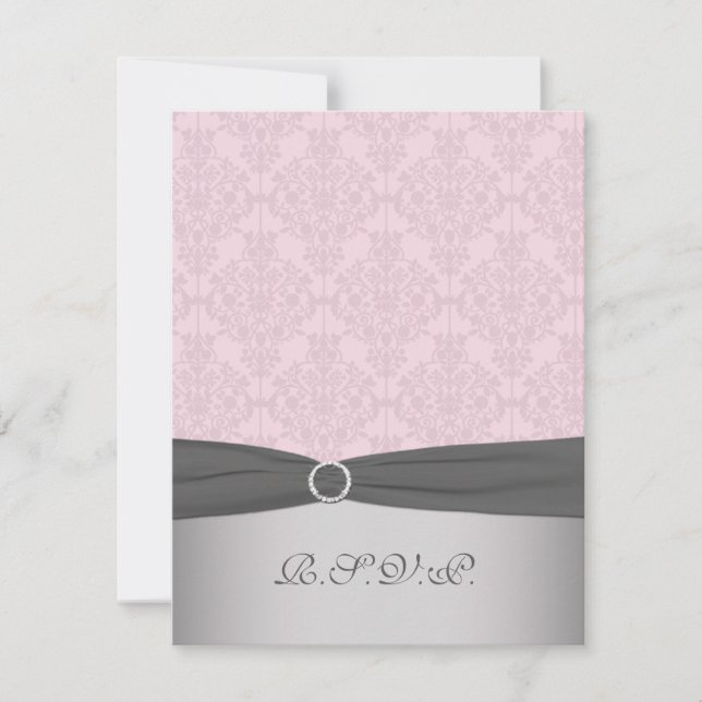 PRINTED RIBBON Gray, Pink Damask RSVP Card (Front)
