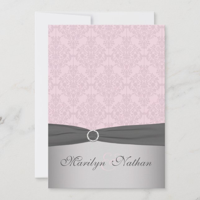 PRINTED RIBBON Gray, Pink Damask Wedding Invite (Front)