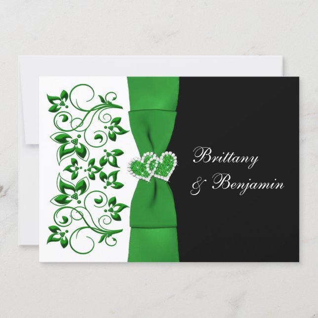 PRINTED RIBBON Green, White, Black Wedding Invite (Front)