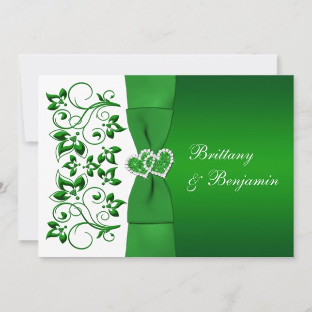 PRINTED RIBBON Green, White Floral Wedding Invite (Front)