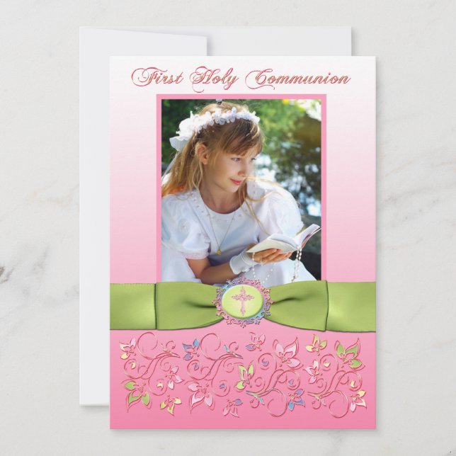 PRINTED RIBBON Holy Communion Photo Thank You Card (Front)