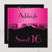 PRINTED RIBBON Hot Pink, Black Sweet 16 Invite (Front/Back)