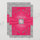 PRINTED RIBBON Hot Pink, Silver Wedding Invitation (Front/Back)