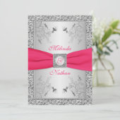 PRINTED RIBBON Hot Pink, Silver Wedding Invite 2 (Standing Front)