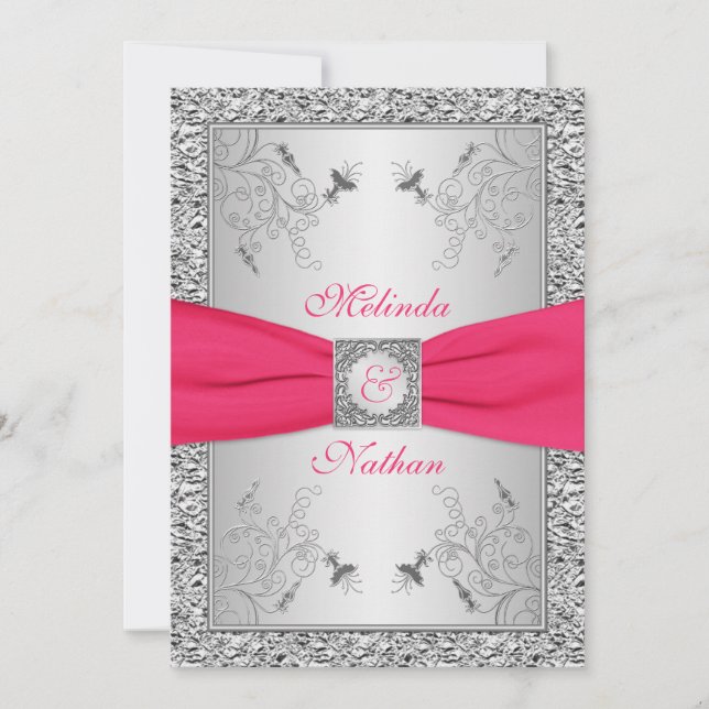 PRINTED RIBBON Hot Pink, Silver Wedding Invite 2 (Front)
