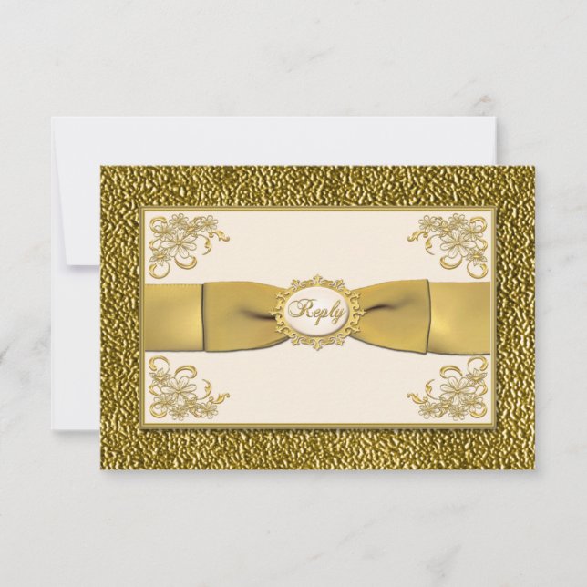 PRINTED RIBBON Ivory. Gold Floral Reply Card (Front)