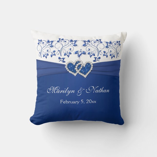 PRINTED RIBBON/JEWELS Blue, White Wedding Pillow (Front)