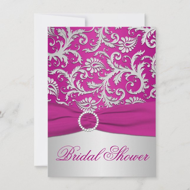 PRINTED RIBBON Magenta Silver Bridal Shower Invite (Front)