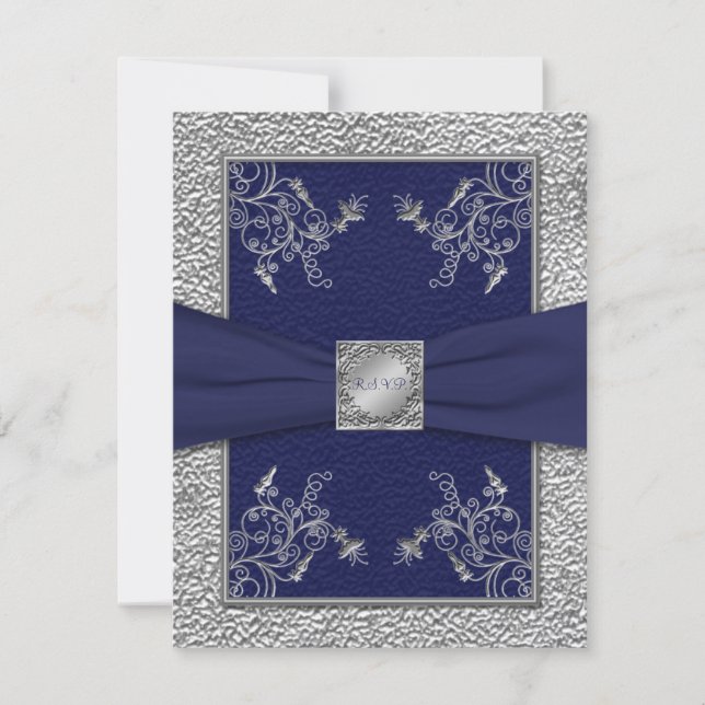 PRINTED RIBBON Navy and Pewter RSVP Card (Front)