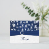PRINTED RIBBON Navy Blue, White Snowflakes RSVP Invitation (Standing Front)