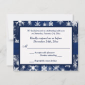 PRINTED RIBBON Navy Blue, White Snowflakes RSVP Invitation (Back)