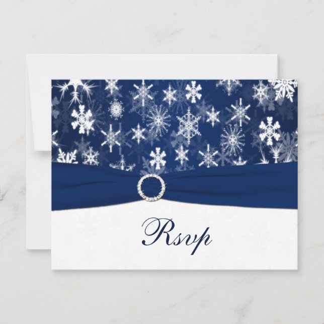 PRINTED RIBBON Navy Blue, White Snowflakes RSVP Invitation (Front)