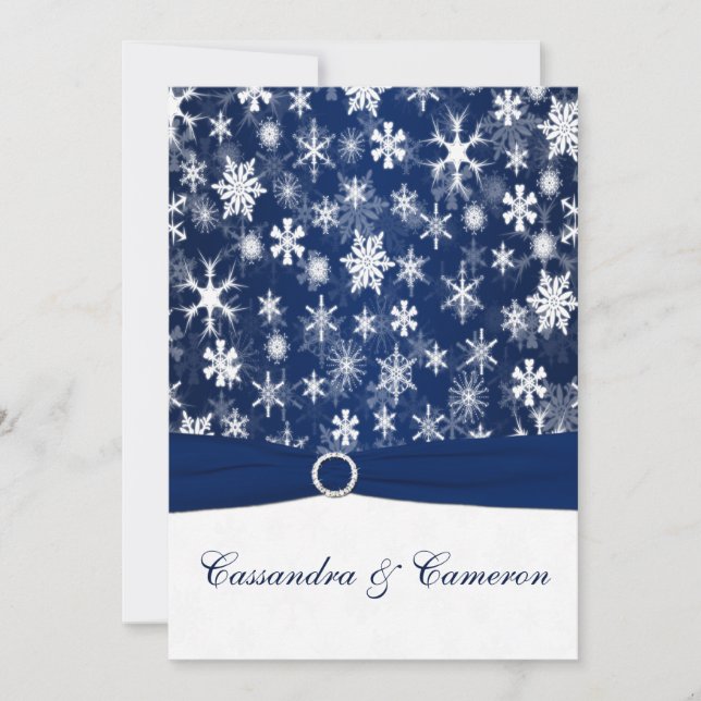 PRINTED RIBBON Navy Blue, White Snowflakes Wedding Invitation (Front)