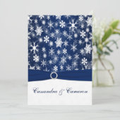 PRINTED RIBBON Navy Blue, White Snowflakes Wedding Invitation (Standing Front)