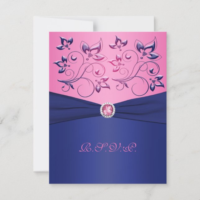 PRINTED RIBBON Navy, Pink Floral RSVP Card (Front)